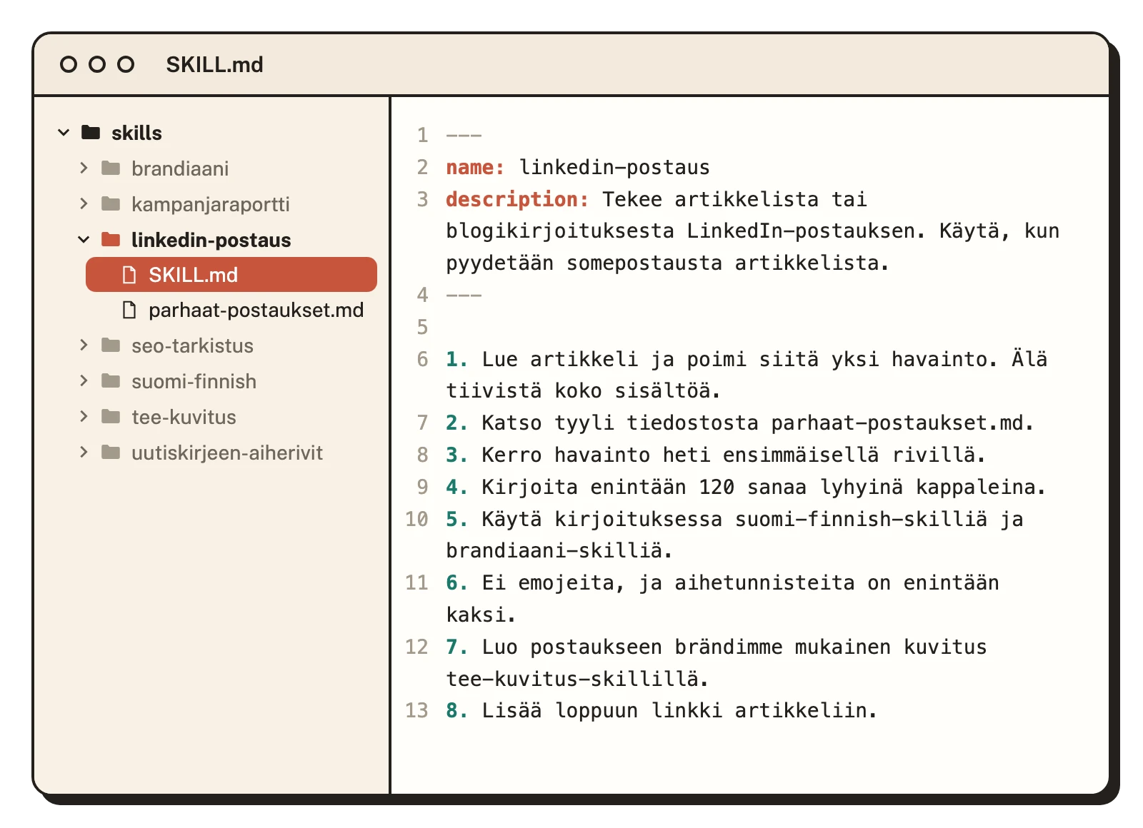 Tiedostonäkymä, jossa skills-kansiossa on seitsemän skilliä. Auki on linkedin-postaus, jossa ovat tiedostot SKILL.md ja parhaat-postaukset.md. SKILL.md:n alussa ovat nimi ja kuvaus, ja niiden alla on kahdeksan numeroitua ohjetta.