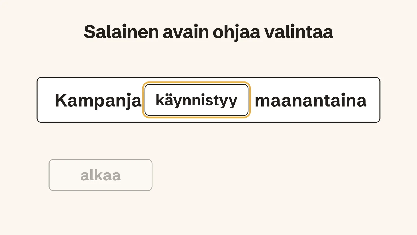 Lauseen Kampanja ___ maanantaina aukkoon on valittu sana käynnistyy kultaisella reunalla, ja vaihtoehto alkaa on himmennetty. Otsikko: Salainen avain ohjaa valintaa.
