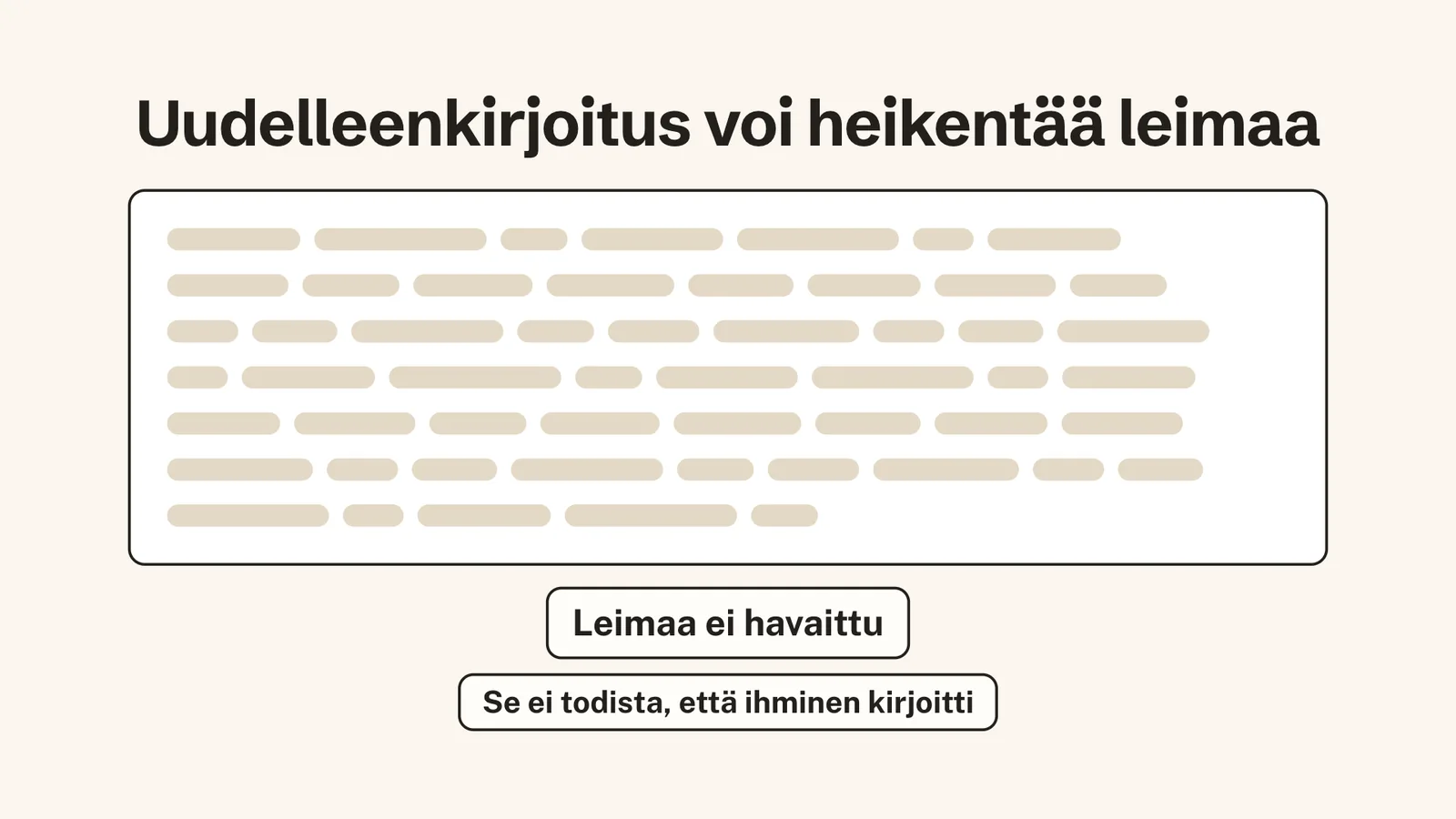 Uudelleen kirjoitettu tekstiarkki ilman kultaisia kohtia. Alla laput: Leimaa ei havaittu sekä Se ei todista, että ihminen kirjoitti.