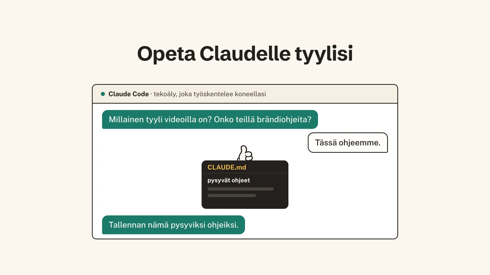 Keskustelussa Claude kysyy, millainen tyyli videoilla on ja onko brändiohjeita. Käyttäjä vastaa, ja dokumentit kootaan CLAUDE.md-korttiin, jonka nimilappu on pysyvät ohjeet.