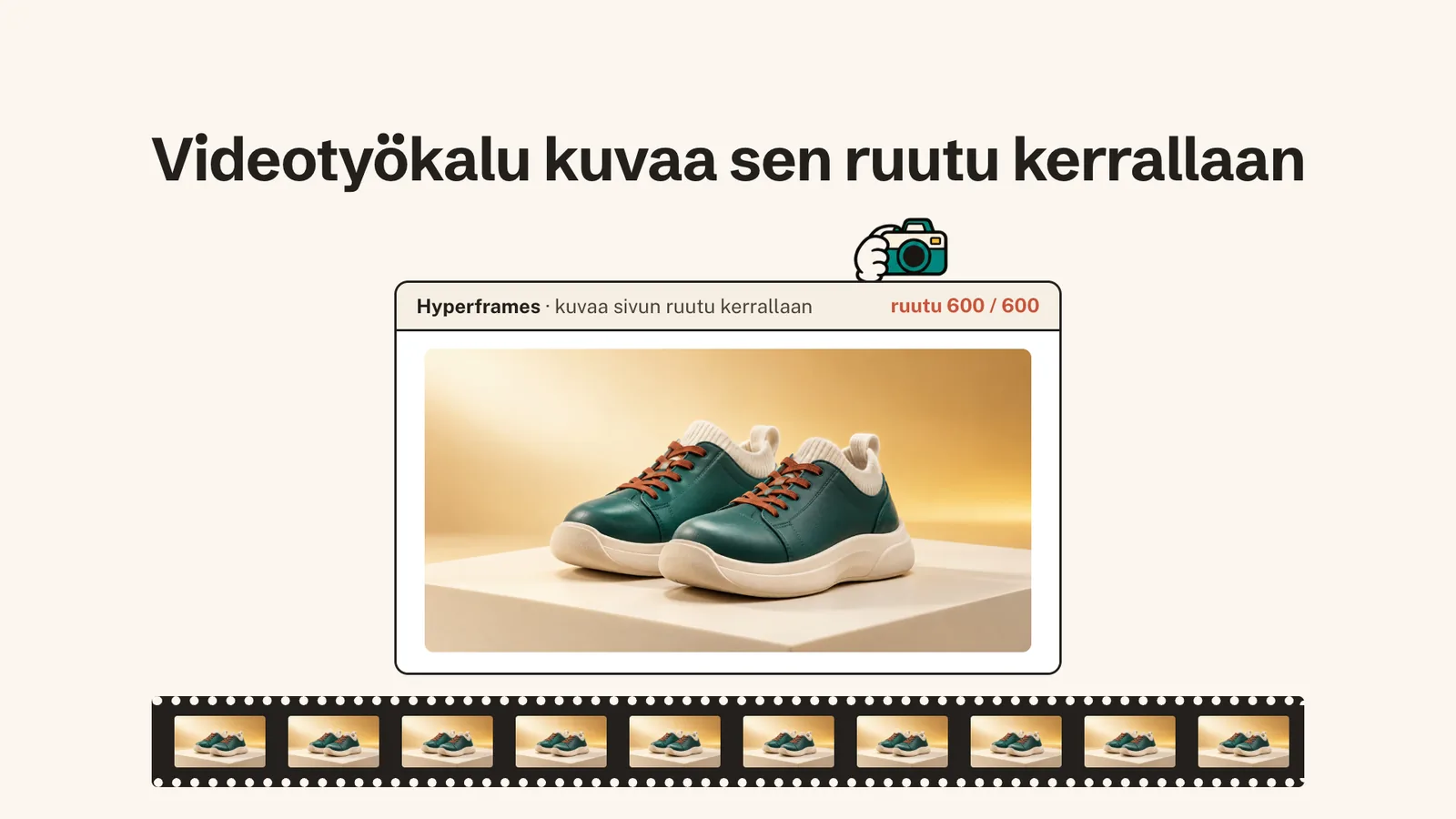 Esikatselun takaa nouseva kamera kuvaa videon ruutu kerrallaan. Laskuri näyttää ruutu 600 / 600, ja ruudut ovat pinoutuneet filmiliuskaksi.